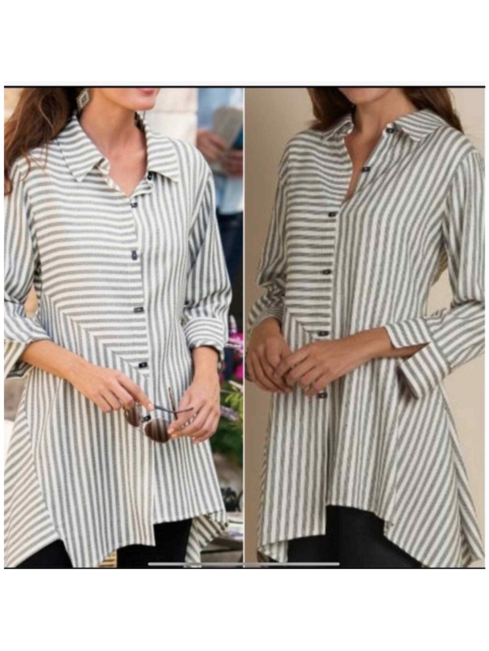 Soft Surroundings Striped Button-Front Tunic in White and Gray